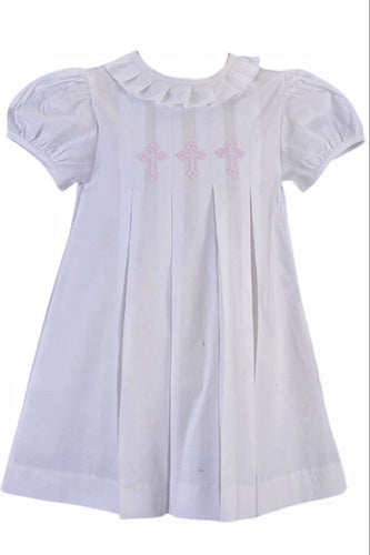 Love Me White A Line Pleated Dress w/ Hand Embroidered Cross