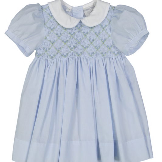 Friedknit Rosebud Diamond Smocked Dress-Blue