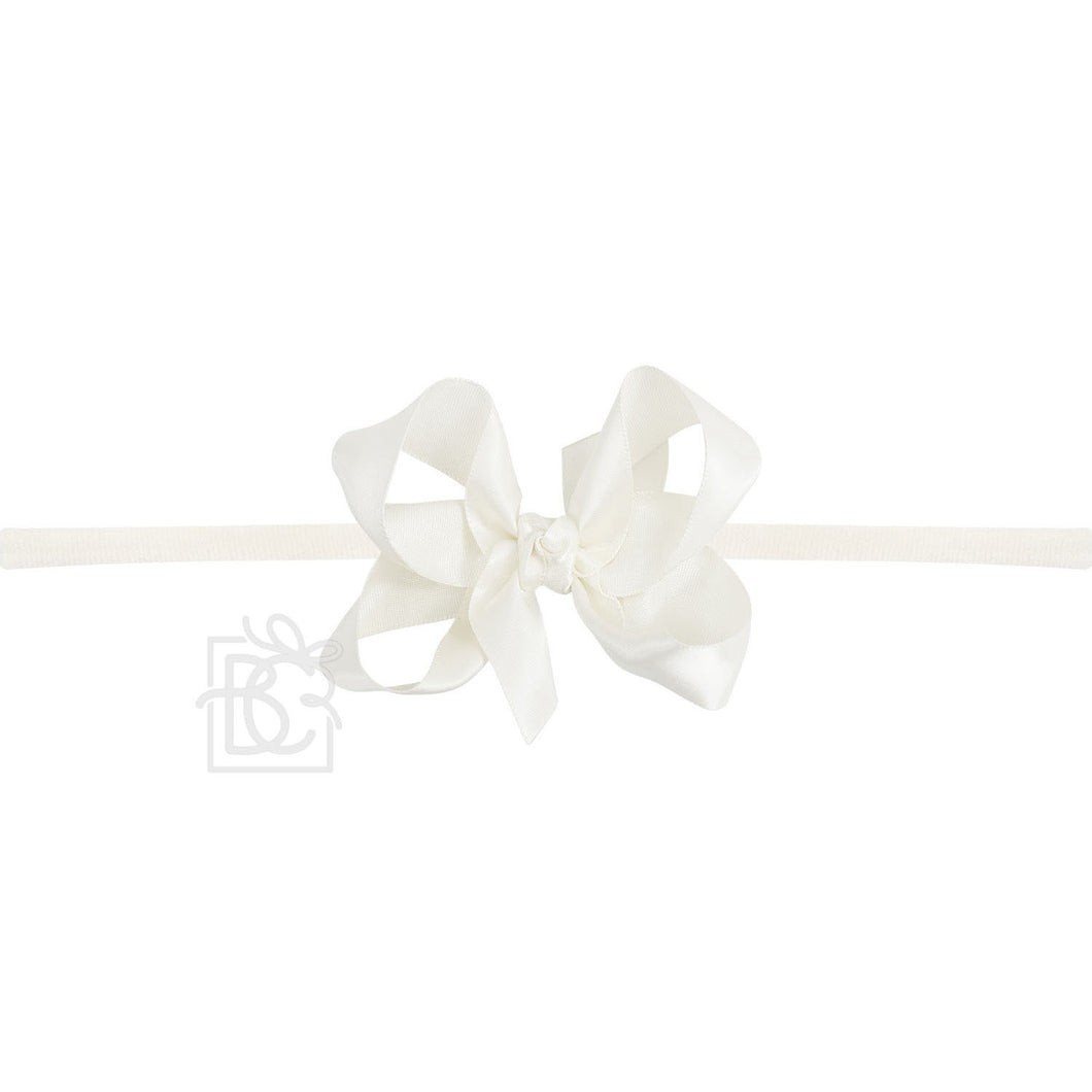 BC Ivory Satin Bow on Elastic Headband 3.5