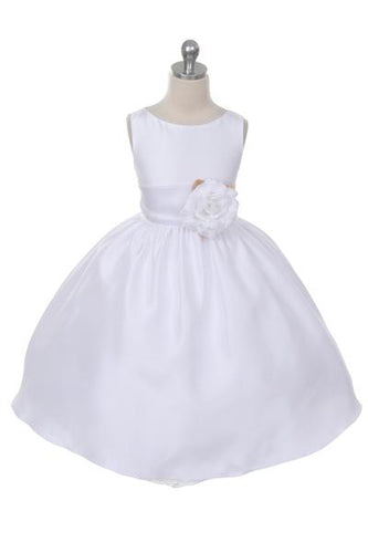 Kid's Dream Plain White Poly Dupioni  Sleeveless Dress w/Sash