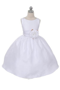 Kids Dream Plain White Poly Dupioni  Sleeveless Dress w/Sash