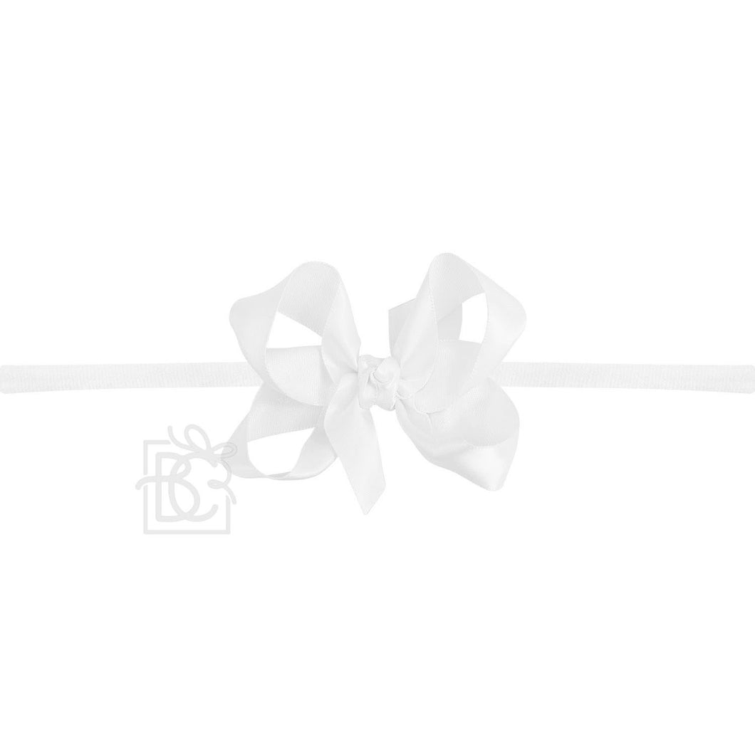 BC White Satin Bow on Elastic Headband 3.5